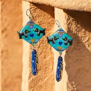 Black dog wolf southwestern handmade feather earrings sterling wires OOAK